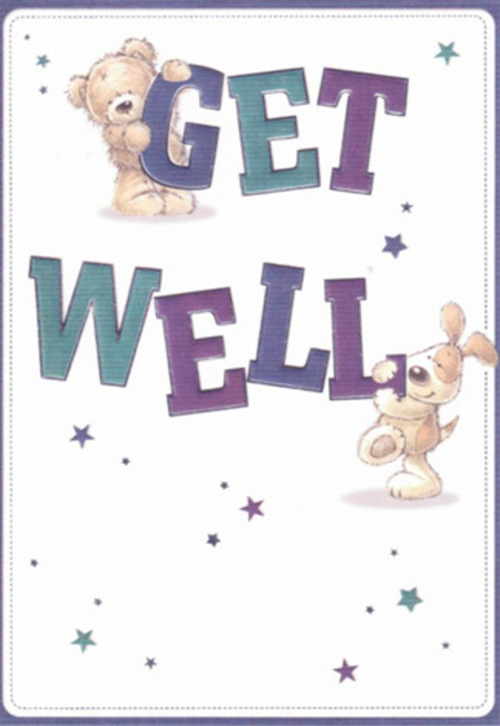 Capturing the essence of heartfelt encouragement, this illustrated get well card features a lovable bear and an energetic puppy sharing a moment of quiet support. The bear's fur, rendered with feathery brushstrokes in golden cream, looks invitingly soft, while the puppy's floppy ears and playful stance convey a reassuring cheer. Bold lettering in purples and aquas grounds the composition, their confident, oversized forms lending a dynamic sense of hope. Whimsical stars drift across the scene, painted in lively shades of blue and violet that evoke the clear skies above North Ockendon on a bright morning. The fresh, white background brings a gentle luminosity-like sunlight streaming through the studio windows of a local florist preparing same-day deliveries. The illustration's texture is almost touchable, reminiscent of the plush comfort of a favourite childhood toy or the delicate petals of freshly picked blooms. Imagine sending this card alongside a hand-tied bouquet, each element radiating care, positivity, and the quiet strength needed for recovery. The design, both light and uplifting, mirrors the supportive spirit found amongst neighbours and friends throughout North Ockendon, where small acts of kindness make every day a little brighter.