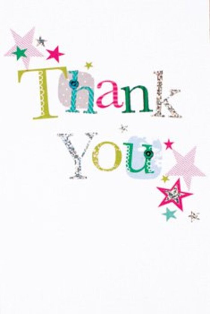 The thank you card shines with an understated exuberance that echoes the warm, community-focused heart of North Ockendon. Each letter in 'Thank You' is thoughtfully composed-some whimsical, sugared with playful spots or gentle curves, others dignified and graced by shimmering silver, blending modern artistry with handcrafted tradition. The colour palette is lively yet refined: lime green suggests the open fields just beyond North Ockendon, while pops of fuchsia and cool blue recall local garden blooms and the sky over the Thames estuary. Tiny, glimmering stars-some striped in soft pink, others radiant in turquoise or with a silvery sheen-cluster around the message like blessings drifting over a celebration in Hall Lane Park. The immaculate white background creates a sense of space and clarity, letting every nuance shine. There's a tactile richness to the card, from the delicate raised stitching to the glimmering silver detail, elevating the simple act of gratitude to something lasting. Perfect for pairing with a seasonal bouquet delivered throughout North Ockendon, this card feels universally warm and welcoming-a beautiful way to send appreciation, whether for a neighbour's kindness, a teacher's help, or a friend's thoughtful gesture.