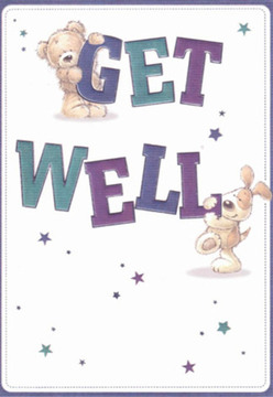 This get well card instantly shares a sense of hope and comfort, illustrated with delightful artistry that recalls childhood friends in North Ockendon's quiet parks. At its heart, a cuddly teddy bear, with pale, textured fur, balances atop the deep purple 'GET', eyes sparkling with gentle encouragement. Just below, an animated puppy-paws splayed, tail wagging-nuzzles against the bold 'WELL,' both characters rendered in rounded, welcoming shapes that exude compassion and optimism. Indigo, teal, and navy letters stand out with a rich vibrancy, surrounded by scattered stars in shades of blue and violet, their bright energy recalling the lively market stalls in the village centre. The pristine white backdrop allows every feature and colour to pop, much like the clean, crisp petals in an expertly designed get well bouquet from Flowers North Ockendon. There's a comforting balance between playful design and thoughtful detail: expressive faces, soft outlines, and the sprinkle of hopeful stars create a nurturing space, echoing the gentle care brought to every bouquet sent out for recovery and encouragement. This card, like a lovingly crafted arrangement from our local shop, is intended to bring emotional warmth, reassurance, and that special sense of wellbeing known so well throughout North Ockendon.